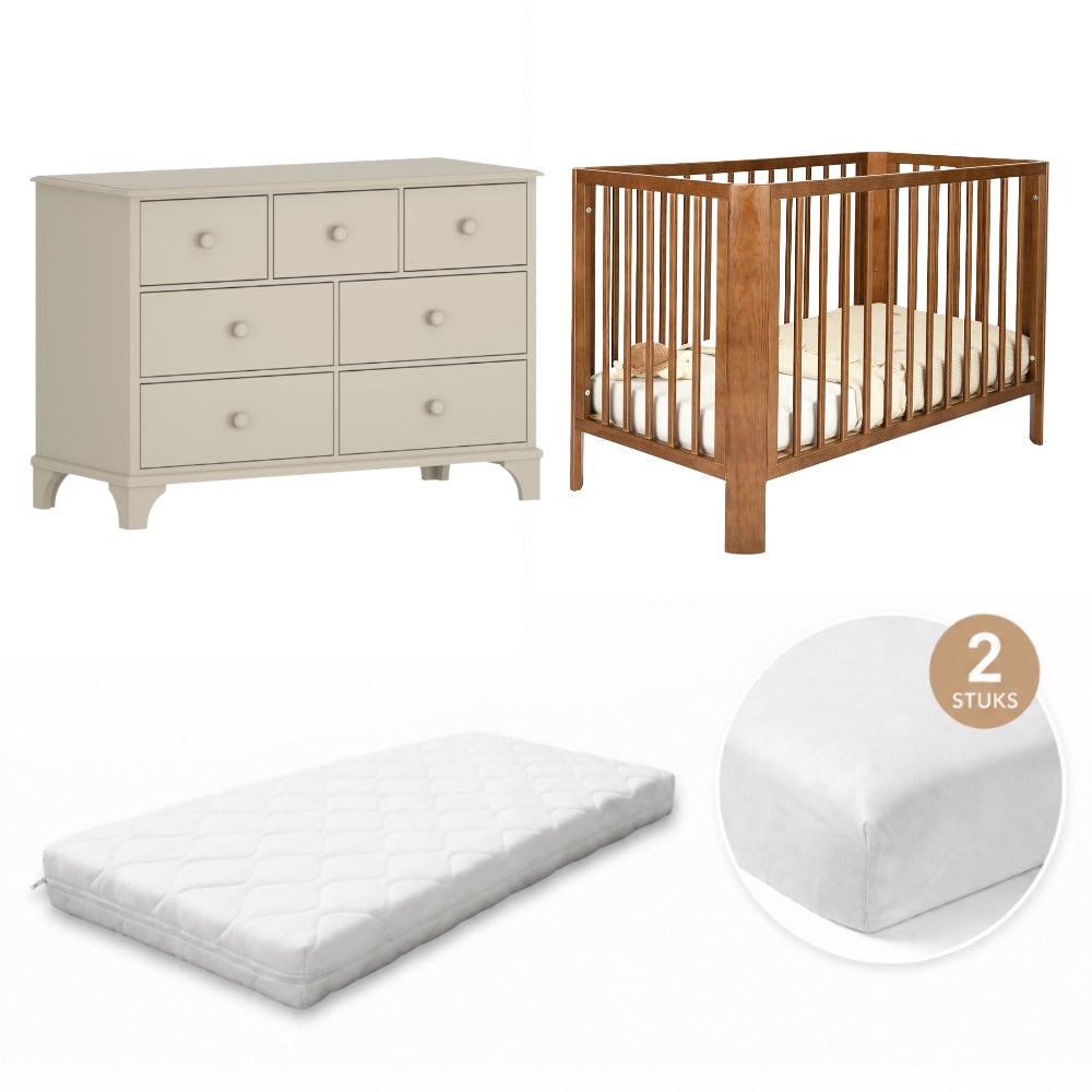 Babykamer (Ledikant Philou Walnut + Commode Ronda Clay ) met Matras & Hoeslakens (2st) null_1