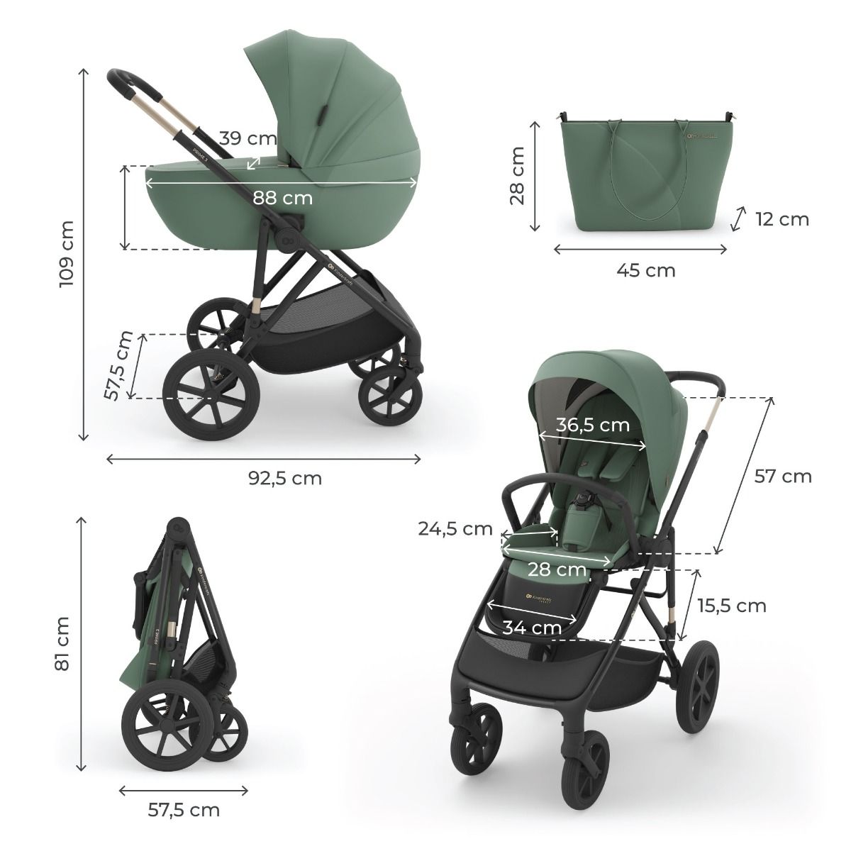 Kinderwagen Kinderkraft Prime3 Dark Green Total Package Deal incl. Autostoel, Base, Kinderstoel & Co-Sleeper null_11
