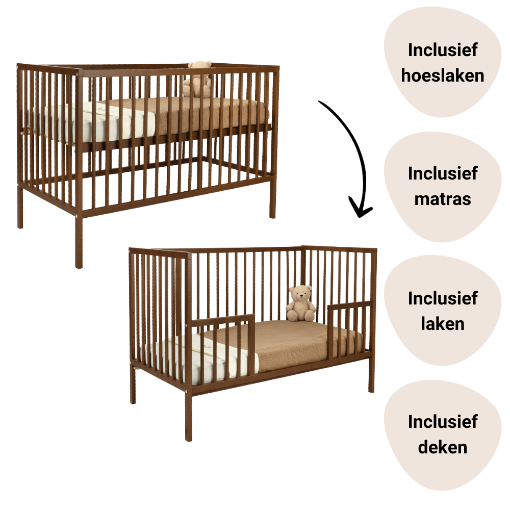 Set | Meegroei Ledikant Colorfull Home Linea Classic Daphne Walnut 60x120 + Matras & Bedaankleding null_1