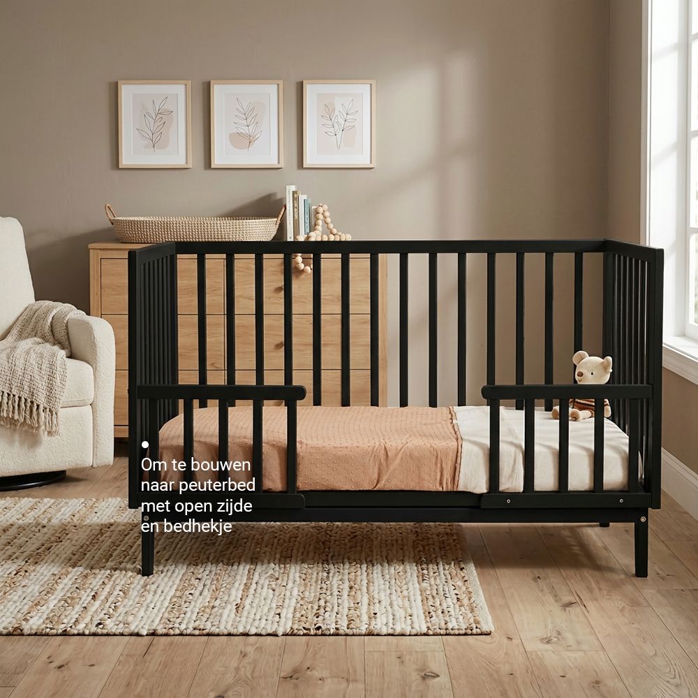 Babykamer Lauren + Bretagne (Meegroei Ledikant Lauren Zwart 60x120 + XL-Commode Bretagne Zwart + Smrt. Cloudy Matras) null_8