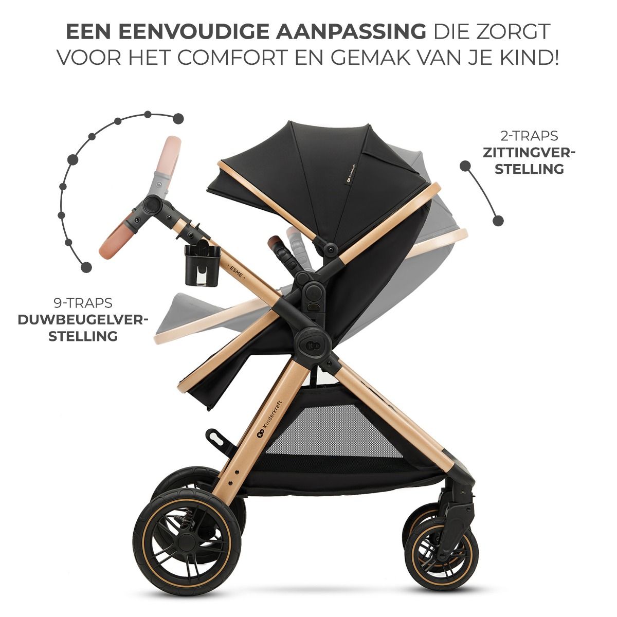 Kinderwagen Kinderkraft Esme V2 3-in-1 Pure Black Total Package Deal incl. Autostoel, Adapterset, Kinderstoel & Co-Sleeper null_9