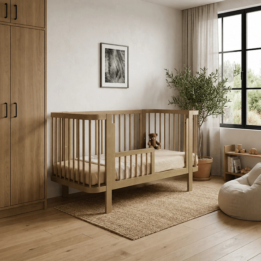 Babykamer Klara + Bastia (Meegroei Ledikant Klara Walnut 70x140 incl. bedzijde + XL-Commode Bastia Clay) null_10