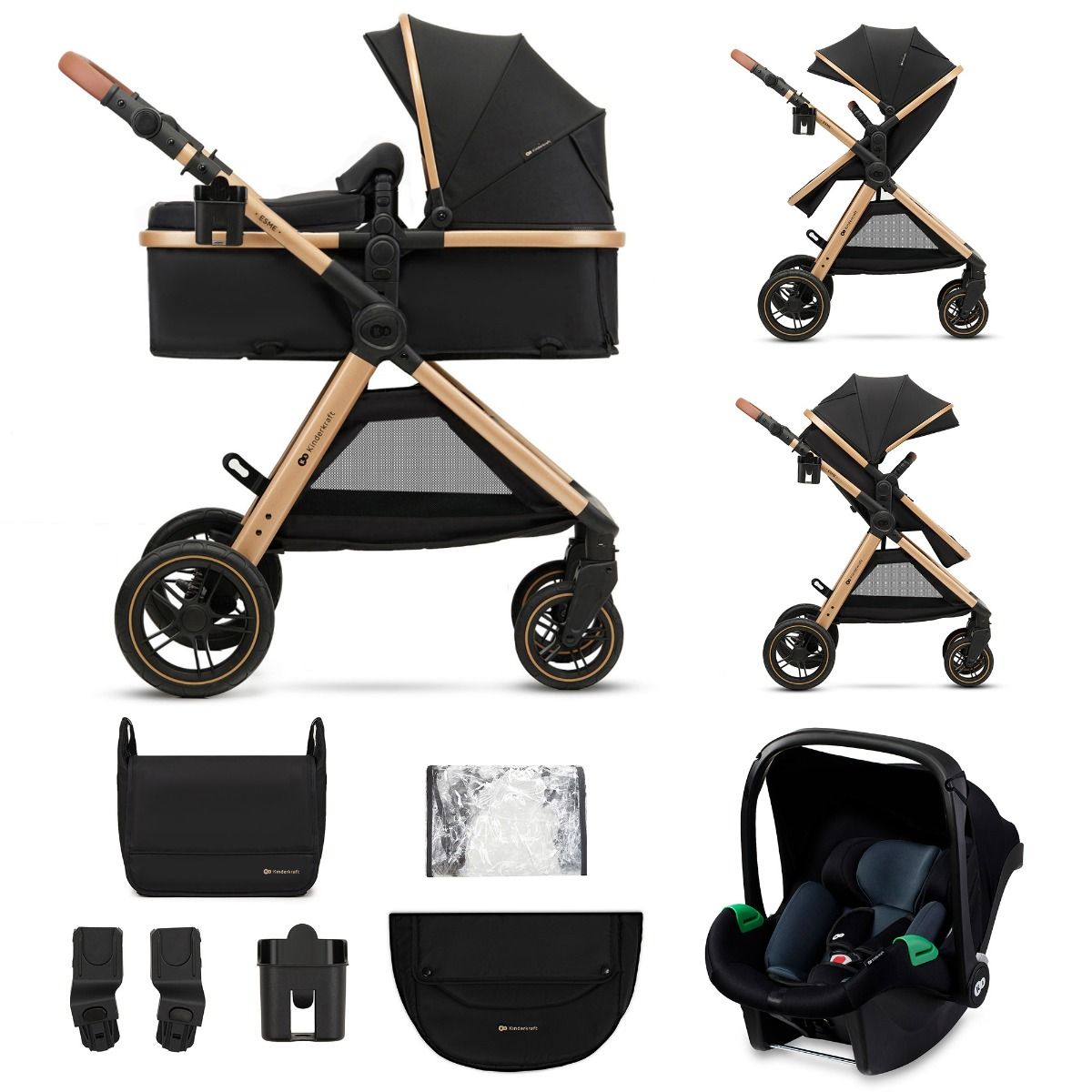 Kinderwagen Kinderkraft Esme V2 3-in-1 Pure Black Total Package Deal incl. Autostoel, Adapterset, Kinderstoel & Co-Sleeper null_2