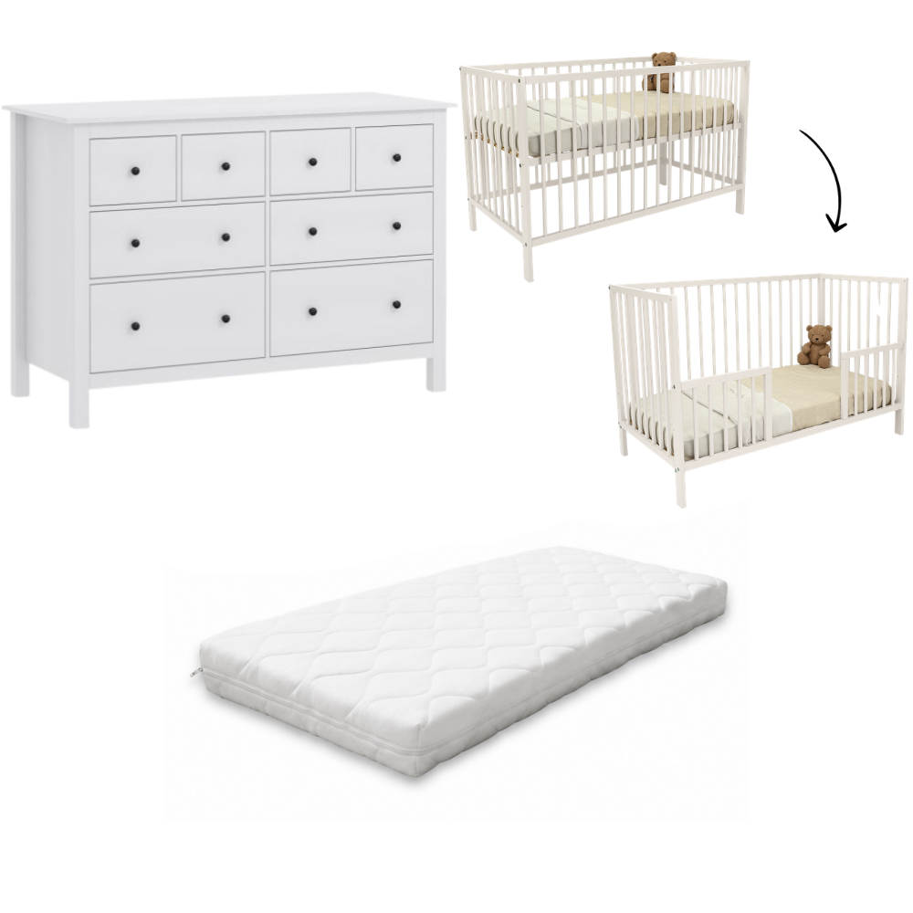 Babykamer Luca + Bastia (Meegroei Ledikant Luca Pure White 60x120 + XL-Commode Bastia Wit + Matras Cloudy) null_2