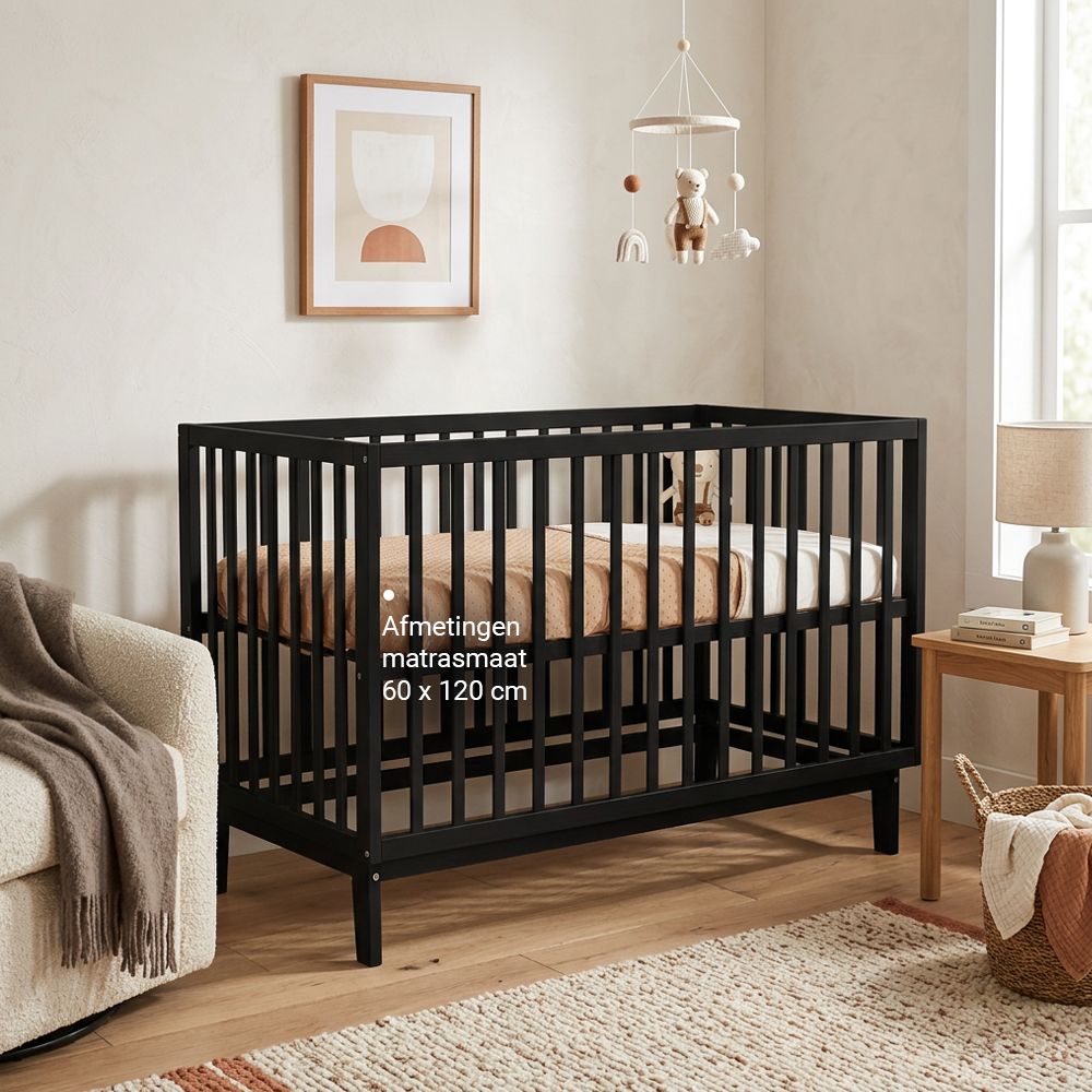Babykamer Lauren + Bretagne (Meegroei Ledikant Lauren Zwart 60x120 + XL-Commode Bretagne Zwart + Smrt. Cloudy Matras) null_7