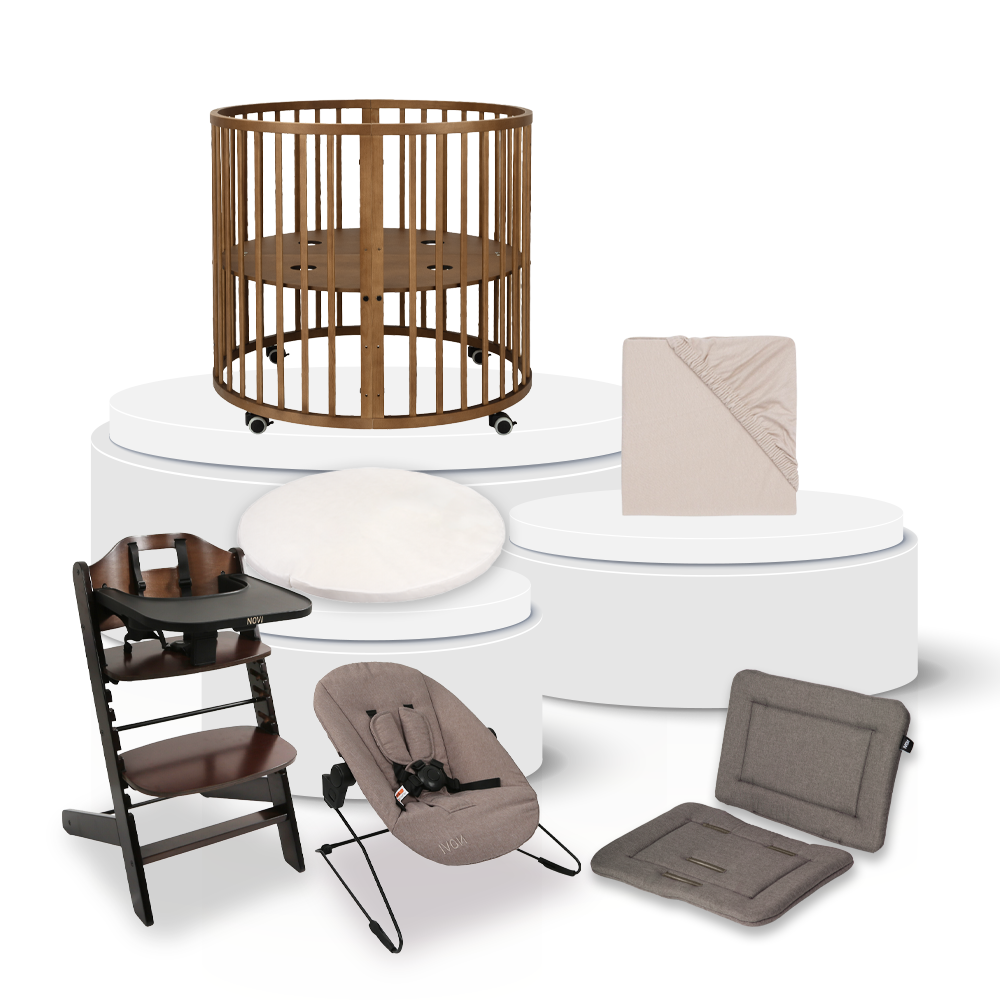 Box Novi Mila Rond Walnut Total Package Deal incl. Boxaccessoires, Kinderstoel & Stoelverkeiner