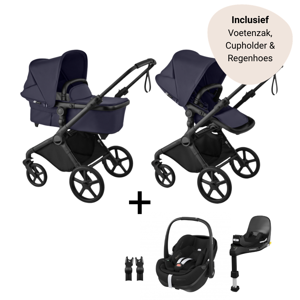 Kinderwagen Bugaboo Cub Black/Deep Indigo met Autostoel Pebble 360° Pro2, Base Slide Tech & Accessoires
