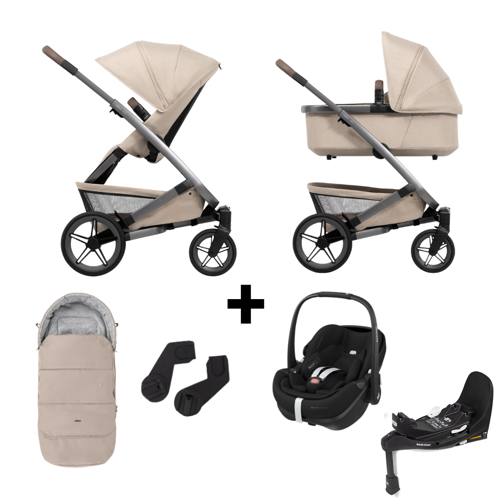 Kinderwagen Joolz Geo5 Sandy Taupe + Autostoel Pebble Pro2, Slide Tech Base & Accessoires