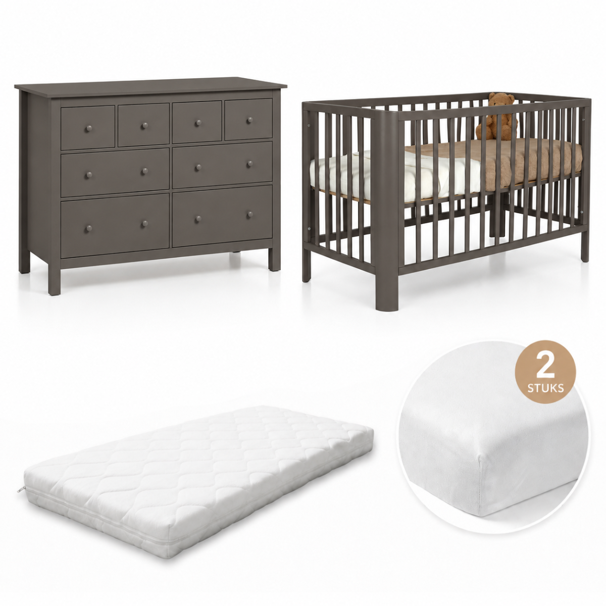 Babykamer (Ledikant Philou BonBon + XL-Commode Bretagne Chocolate) met Matras & Hoeslakens (2st)