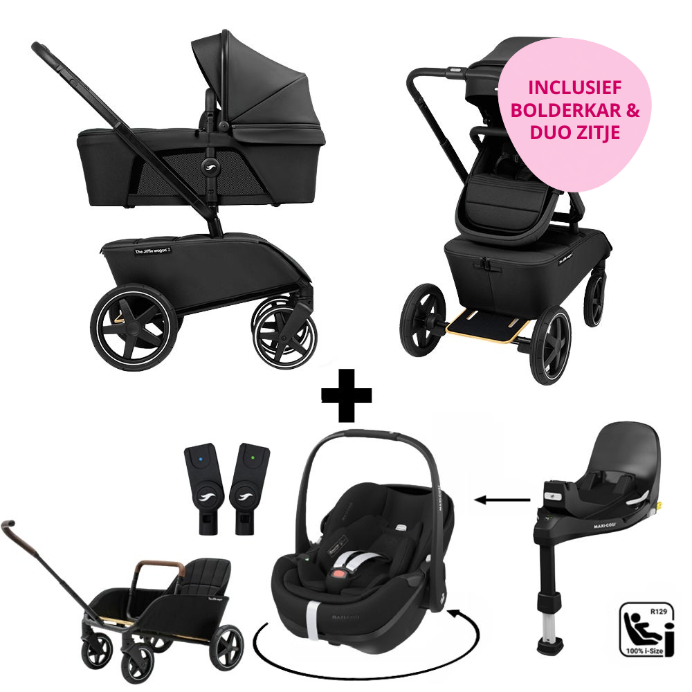 Kinderwagen The Jiffle V2 Black + Autostoel Pebble 360 Pro2 en Slide Tech Base + Accessoires