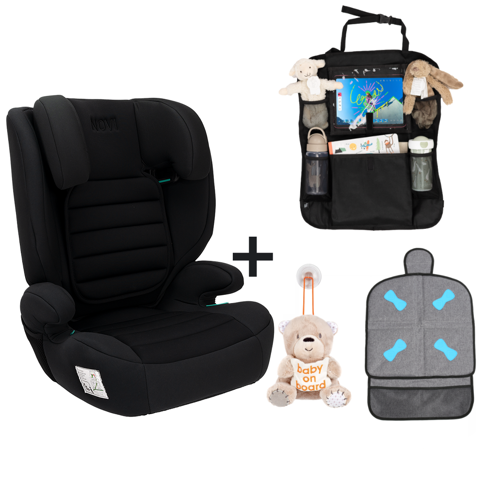 Set | Novi James Premium i-Size Gordel All Black met Organizer, Stoelbeschermer en Baby on Board Knuffel
