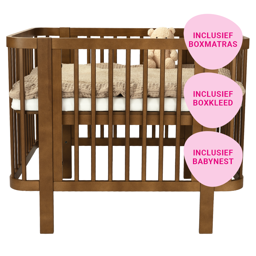 Set | Box Novi Mia 80x100cm Walnut Incl. Boxmatras, Hoeslaken en Babynest