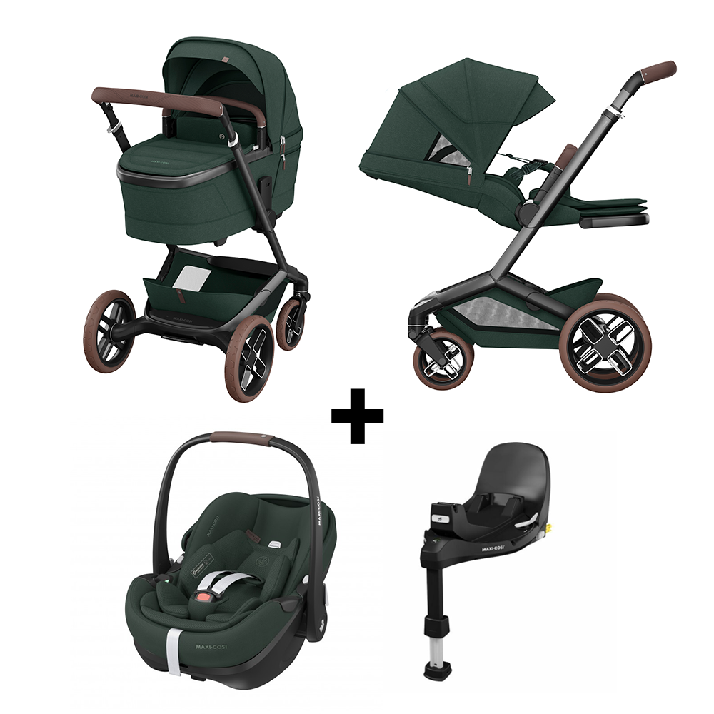 Kinderwagen Maxi-Cosi Fame Twillic Green met Autostoel Pebble 360° Pro2 en Familyfix 360 Slide Tech
