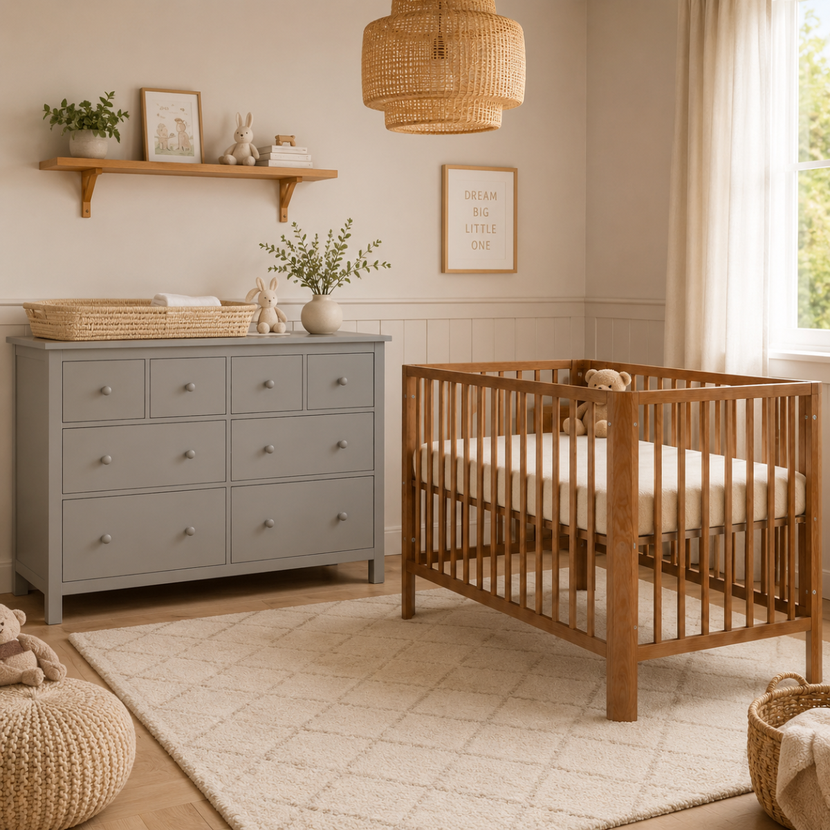 Babykamer (Meegroeiledikant Florine Walnut 70x140 + XL-Commode Bretagne Biscotti)