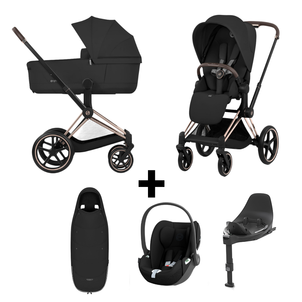 Kinderwagen Cybex Priam 5 Comfort Sepia Black/Rosegold met Autostoel Cybex Cloud T I-Size Plus & Base T en Voetenzak