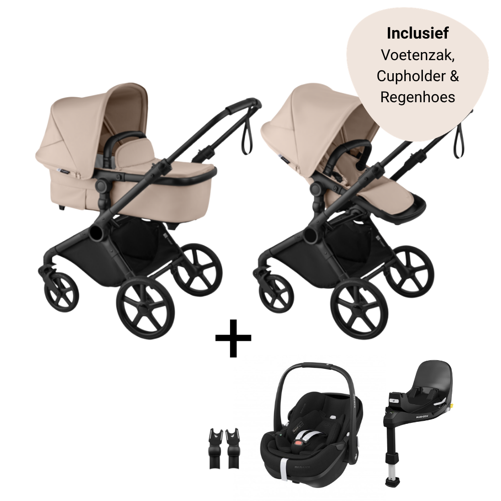 Kinderwagen Bugaboo Cub Black/Desert Taupe met Autostoel Pebble 360° Pro2, Base Slide Tech & Accessoires