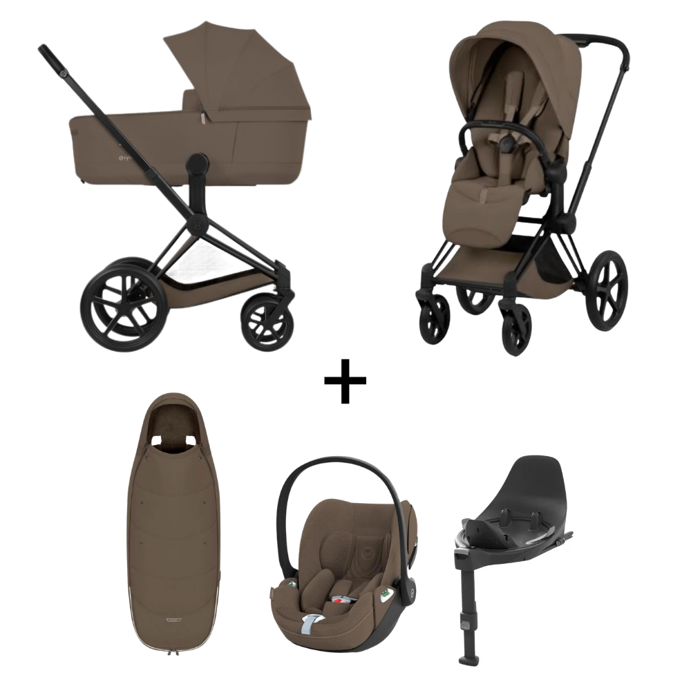 Kinderwagen Cybex Priam 5 Style Coconut Brown/Dark Brown incl. Foldable Carrycot met Autostoel Cloud T Plus, Base & Voetenzak