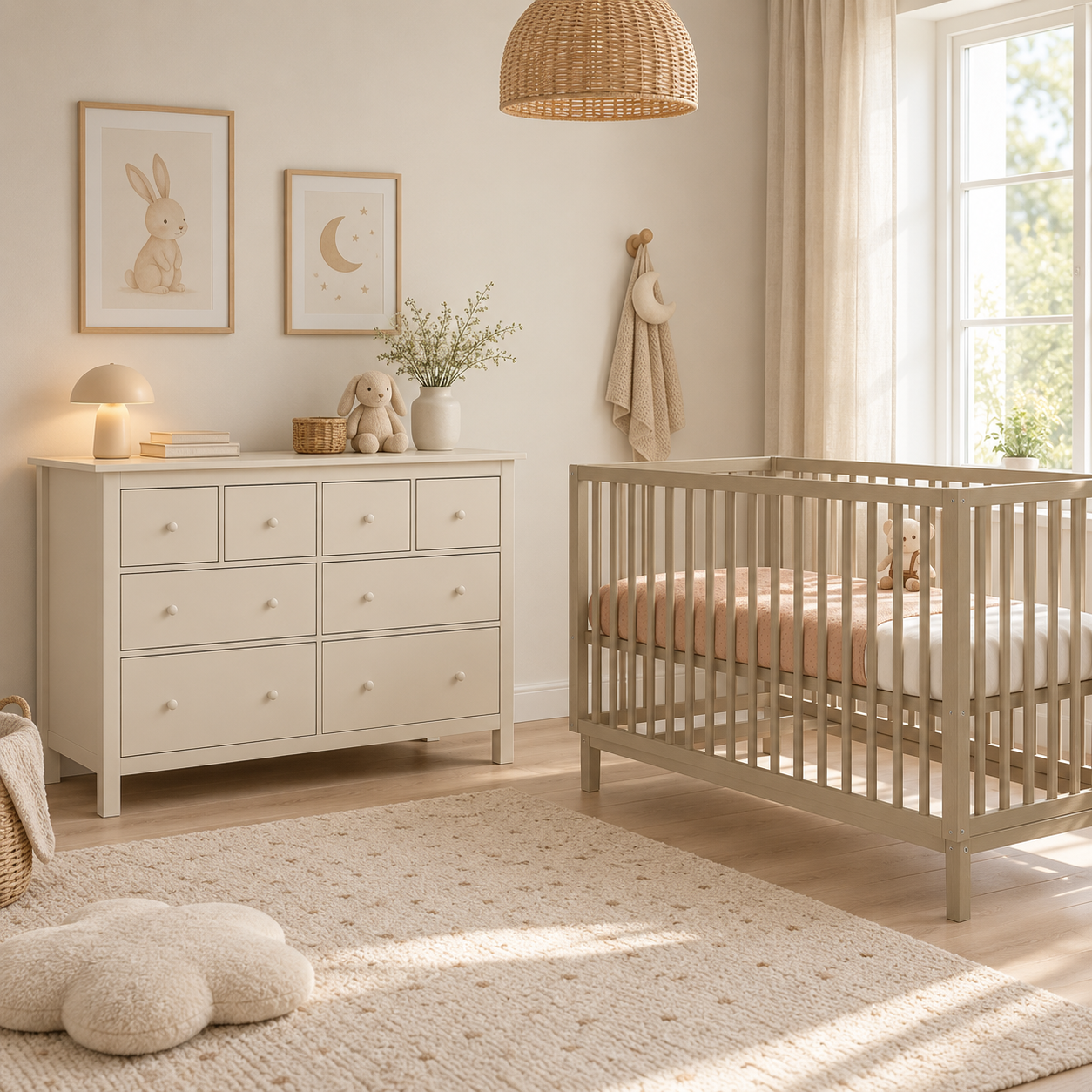 Babykamer Lauren + Bastia (Meegroei Ledikant Lauren Sand 60x120 + XL-Commode Bastia Clay + Smrt. Cloudy Matras)