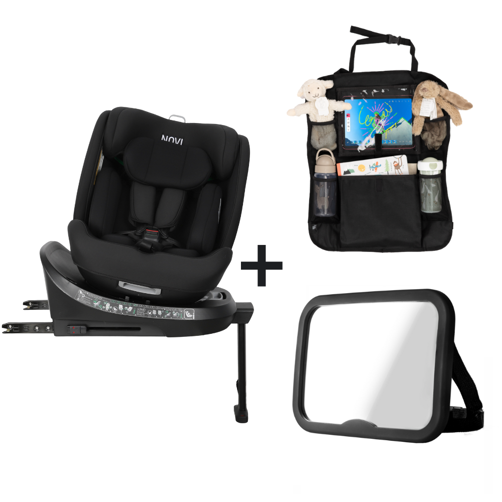 Set |Autostoel Novi David 3.0 Premium I-Size 360° All Black met Achterbankspiegel en Organizer