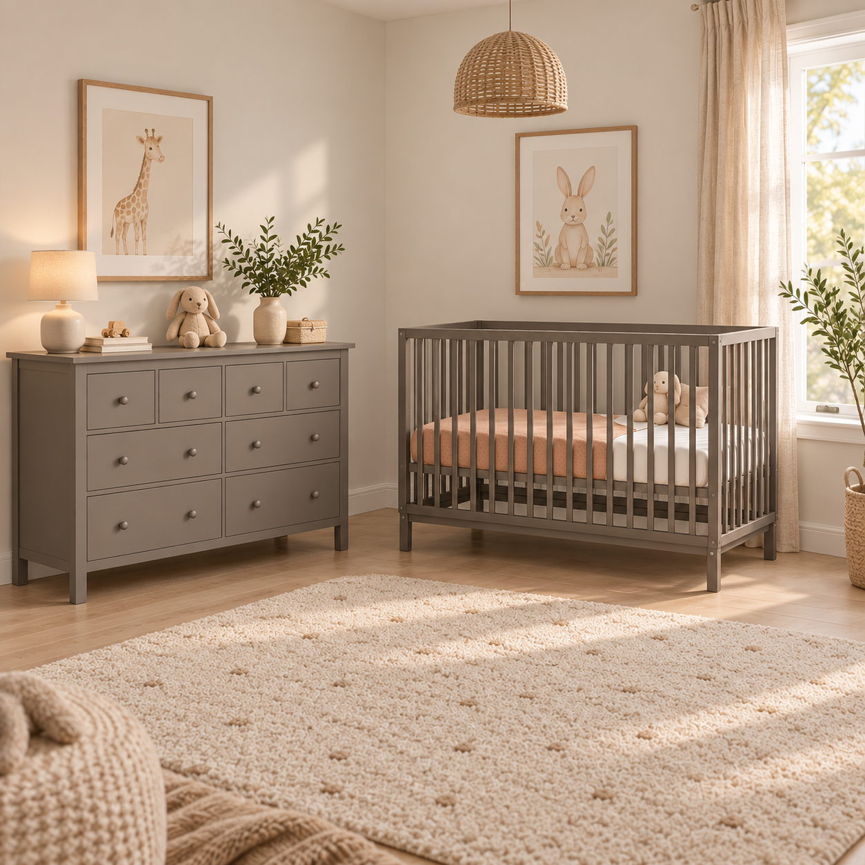 Babykamer Lauren + Bretagne (Meegroei Ledikant Lauren BonBon 60x120 + XL-Commode Bretagne Chocolate + Smrt. Cloudy Matras)