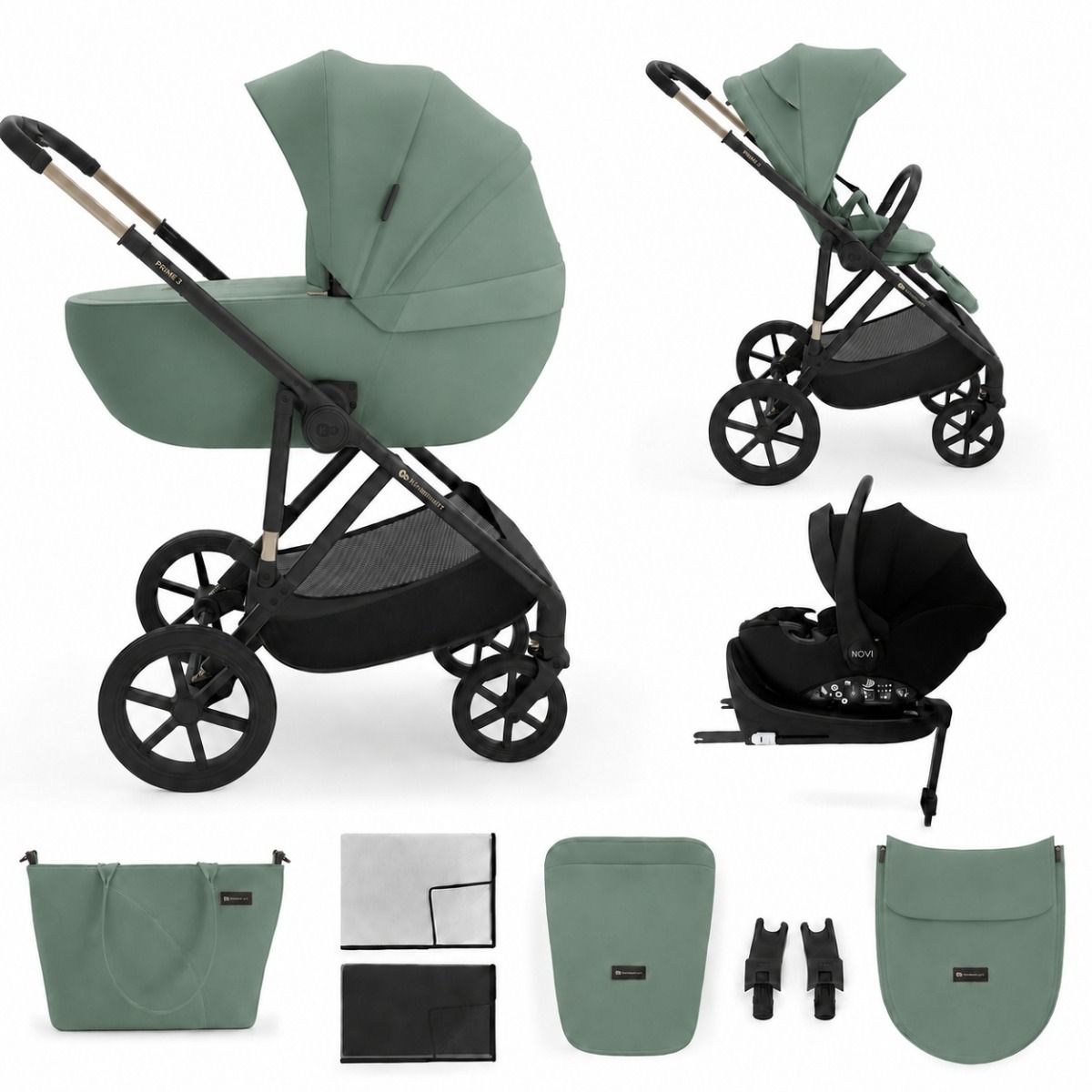 Kinderwagen Kinderkraft Prime3 2in1 Pro Dark Green met Autostoel Jacky Pro V2 360° & Base