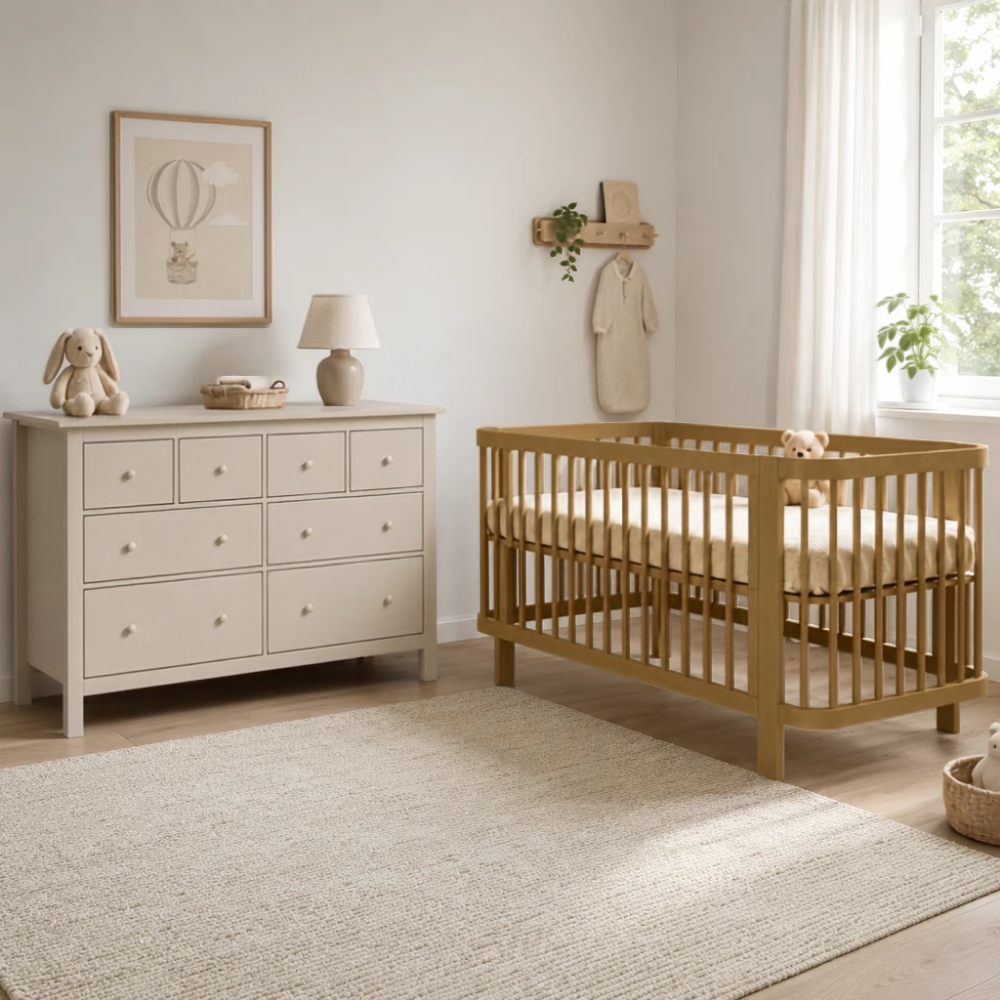 Babykamer Klara + Bastia (Meegroei Ledikant Klara Walnut 70x140 incl. bedzijde + XL-Commode Bastia Clay)