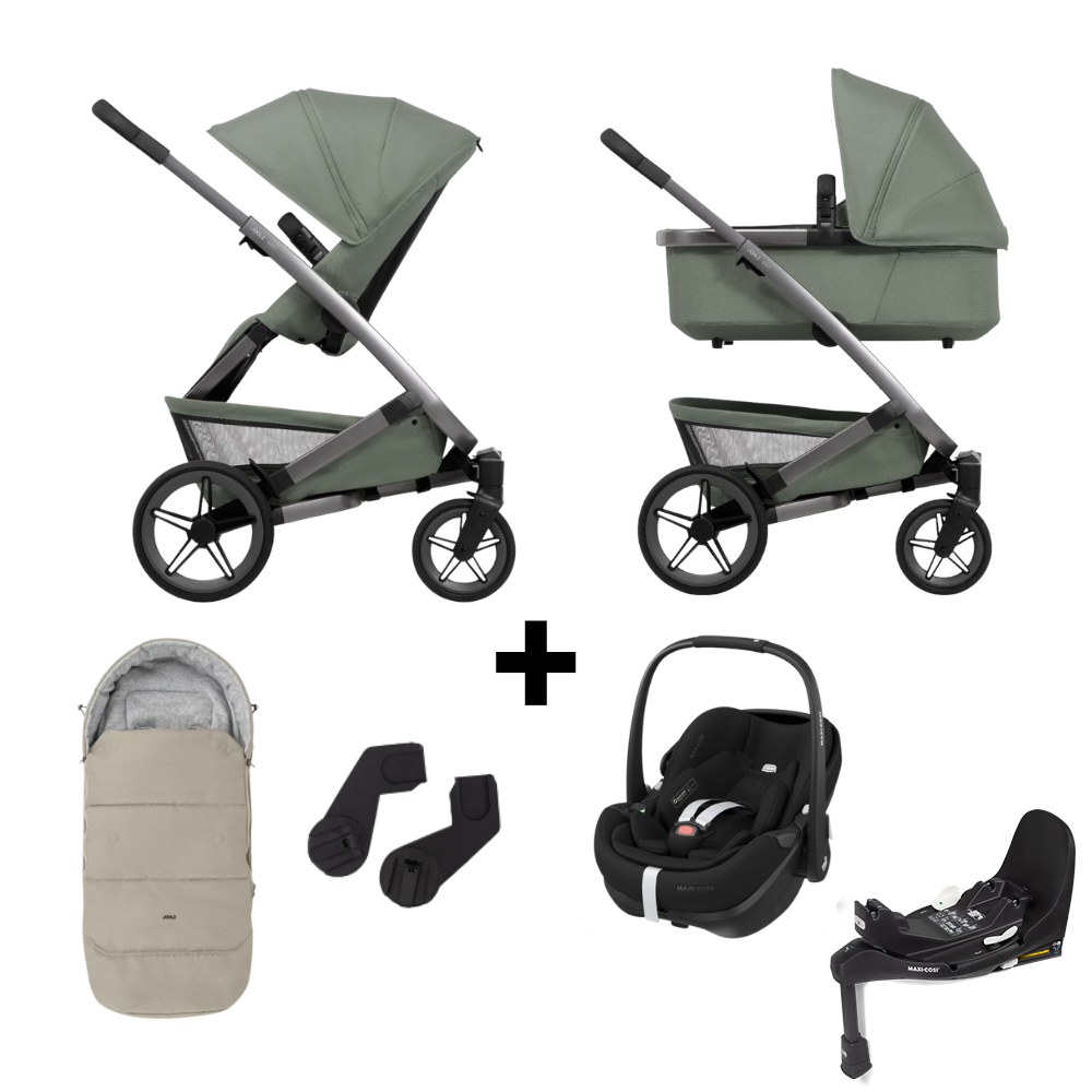 Kinderwagen Joolz Geo5 Sage Green + Autostoel Pebble Pro2, Slide Tech Base & Accessoires