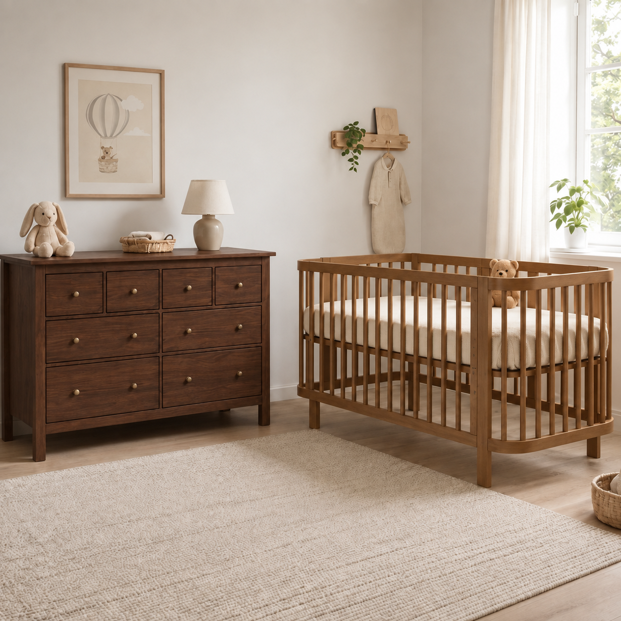 Babykamer Kira + Sienna (Meegroei Ledikant Kira Walnut 60x120 + Commode Grande Sienna Walnut + Smrt. Cloudy Matras)