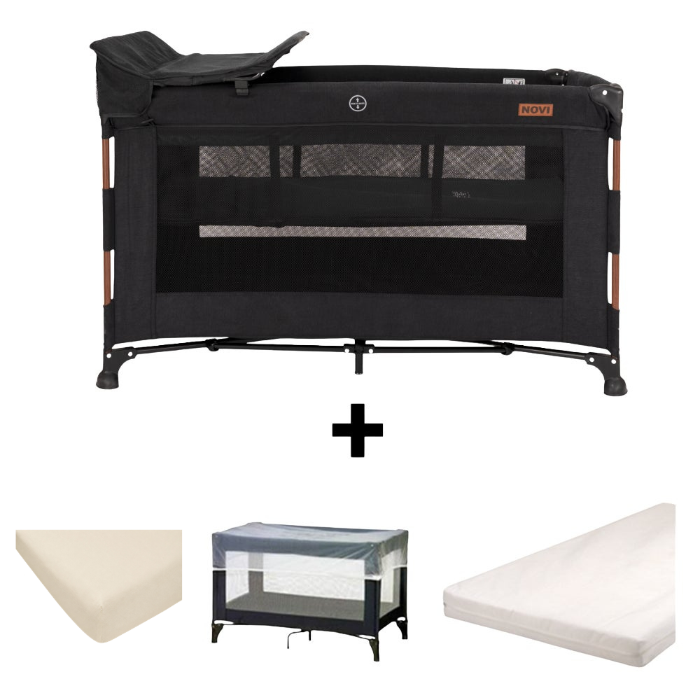 Set | Campingbed Novi Nora Luxe Walnut/Brilliant Black + Accessoires