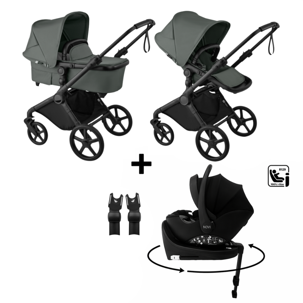Kinderwagen Bugaboo Cub Black/Forest Green met Autostoel Jacky Pro 360° V2, Base & Adapterset