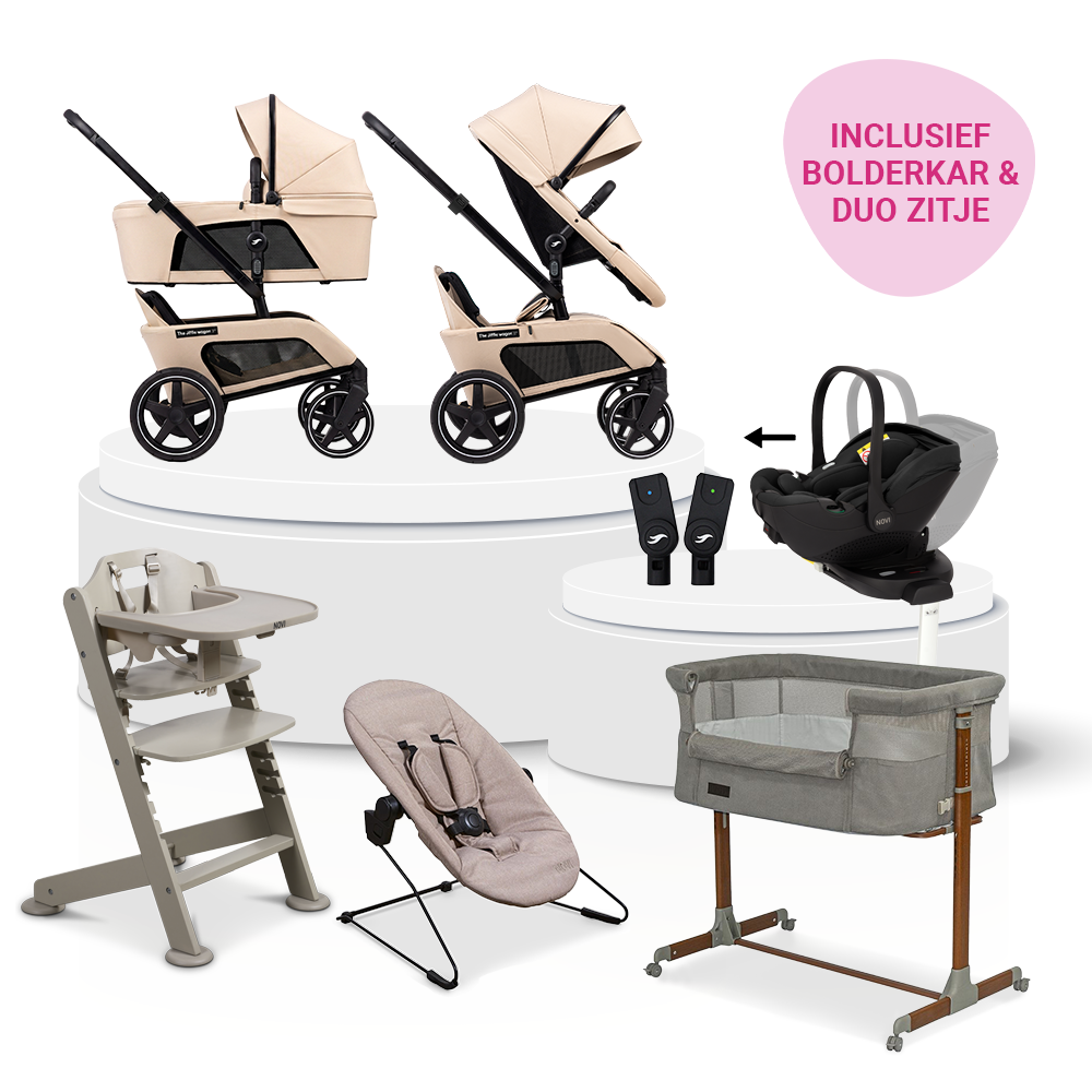 Kinderwagen The Jiffle Wagon 2+ Plus Clay Total Package Deal incl. Autostoel, Base, Kinderstoel & Co-sleeper