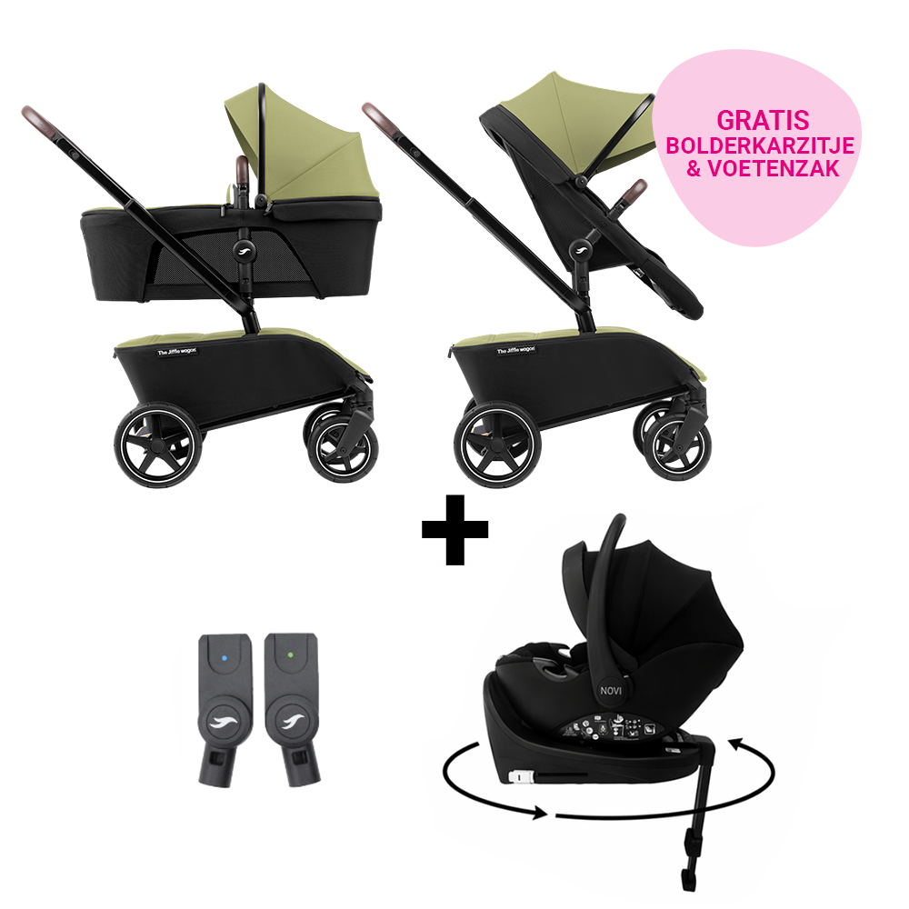 Kinderwagen The Jiffle Green + Autostoel Novi Jacky Pro 360 V2, Base & Accessoires + GRATIS Bolderkarzitje & Voetenzak