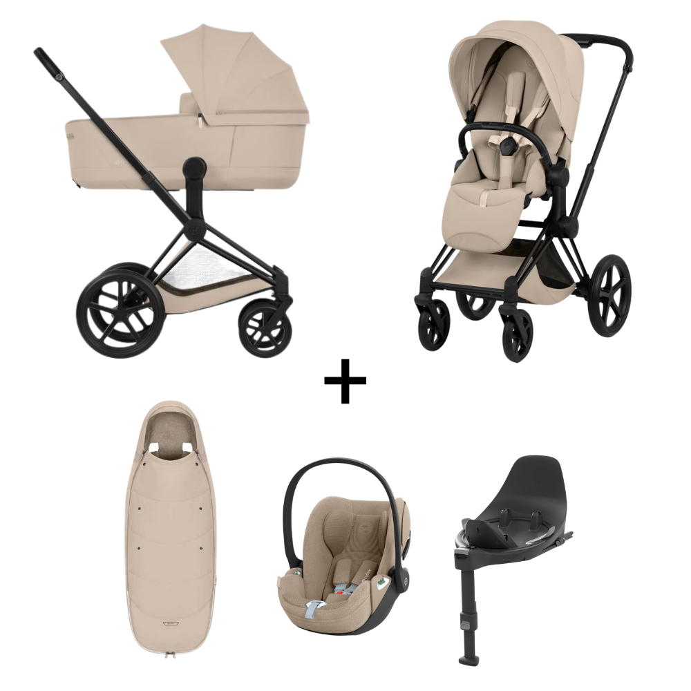 Kinderwagen Cybex Priam 5 Style Cozy Beige/Beige incl. Foldable Carrycot met Autostoel Cloud T Plus, Base & Voetenzak