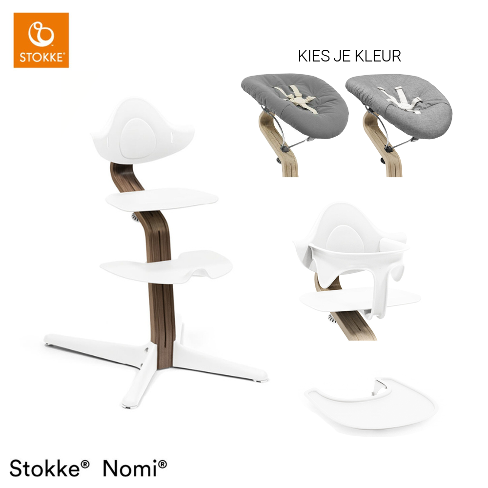 Set Compleet | Kinderstoel Stokke® Nomi White/Walnut incl. Newbornset en Eetblad + Babyset
