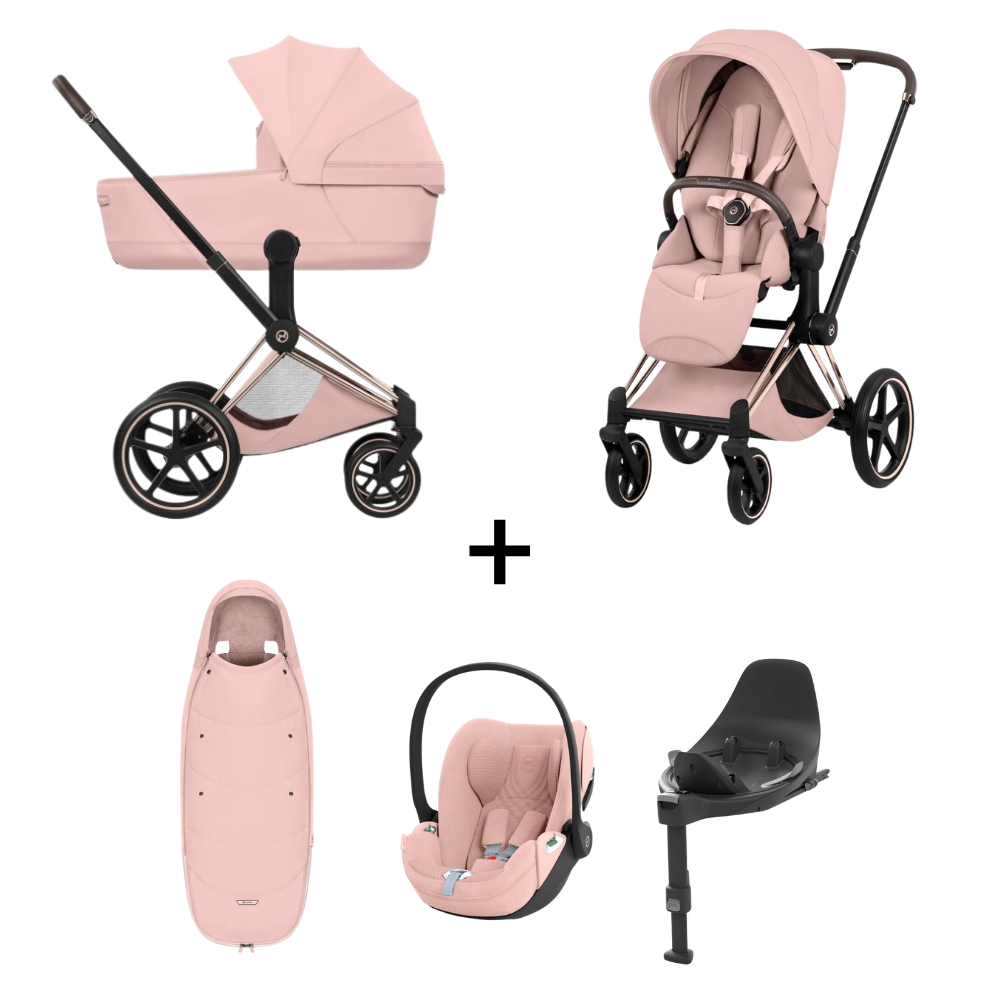 Kinderwagen Cybex Priam 5 Style Peach Pink/Light Pink incl. Foldable Carrycot met Autostoel Cloud T Plus, Base & Voetenzak