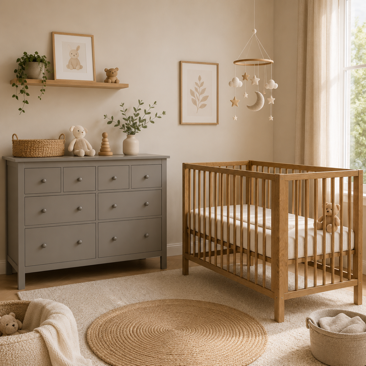 Babykamer (Meegroeiledikant Florine Amber Oak 70x140 + XL-Commode Bretagne Biscotti)