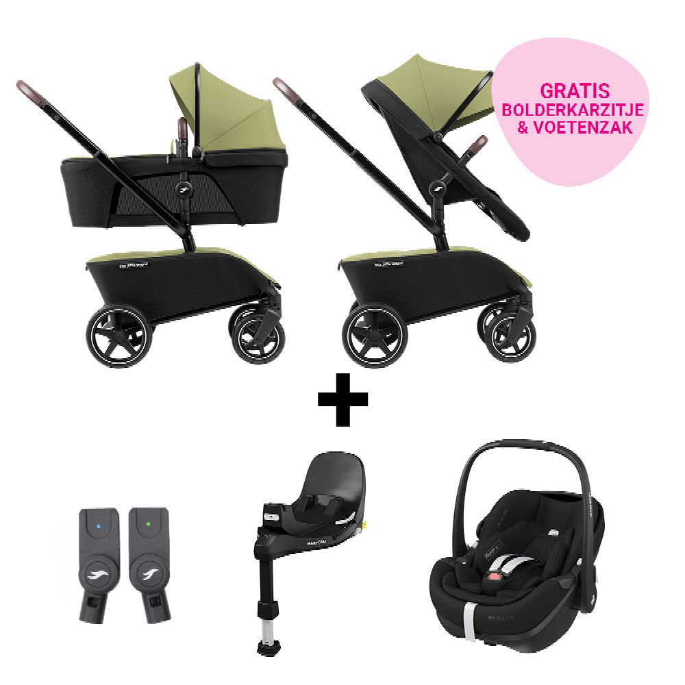 Kinderwagen The Jiffle Green + Autostoel Maxi-Cosi Pebble Pro2 360° Pro2 Slide Tech & Accessoires + GRATIS Bolderkarzitje & Voetenzak