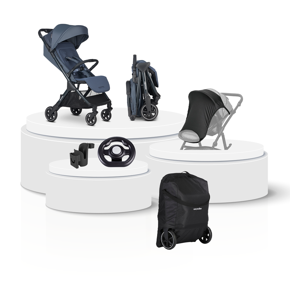 Buggy Easywalker Jackey NXT Deep Blue Total Package Deal incl. Transporttas, Cupholder, Stuurtje & Zonnescherm