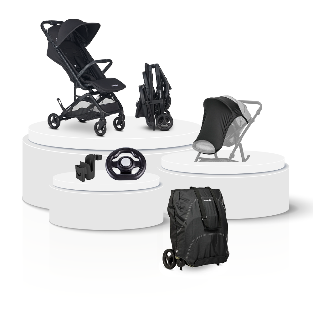 Buggy Easywalker Miley Go Pure Black Total Package Deal incl. Transporttas, Cupholder, Stuurtje & Zonnescherm