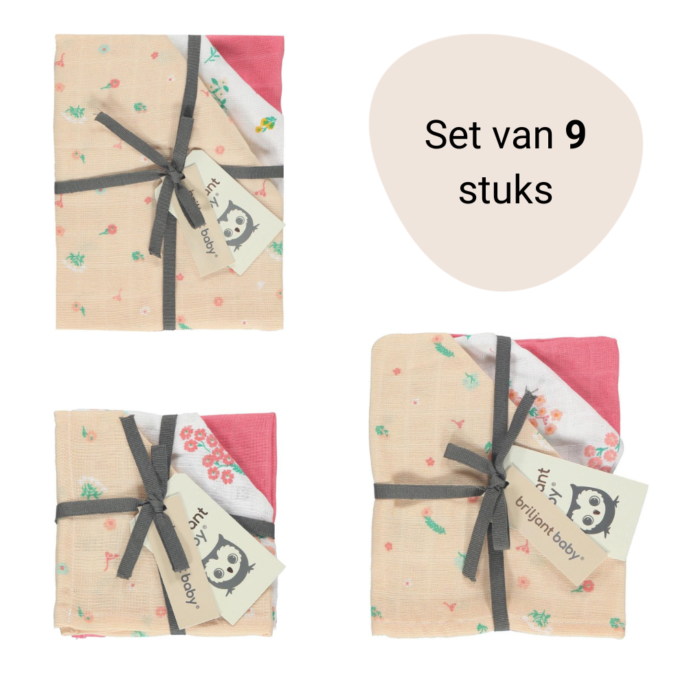 9-delige Hydrofiel Set Briljant Baby Flower Roze (Luiers + Washandjes + Monddoekjes)