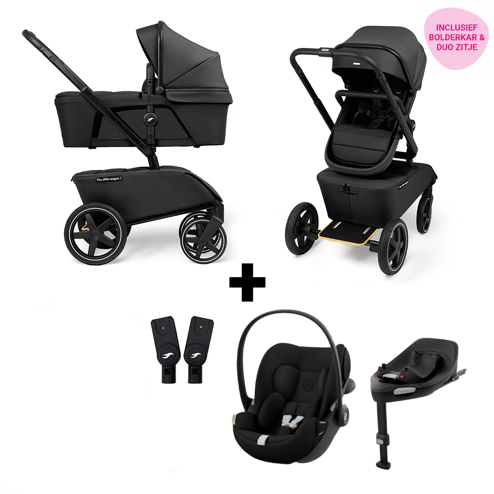 Kinderwagen The Jiffle V2 Black met Autostoel Cybex Cloud G3, Base, Adapterset & Bolderkar- en Duozitje