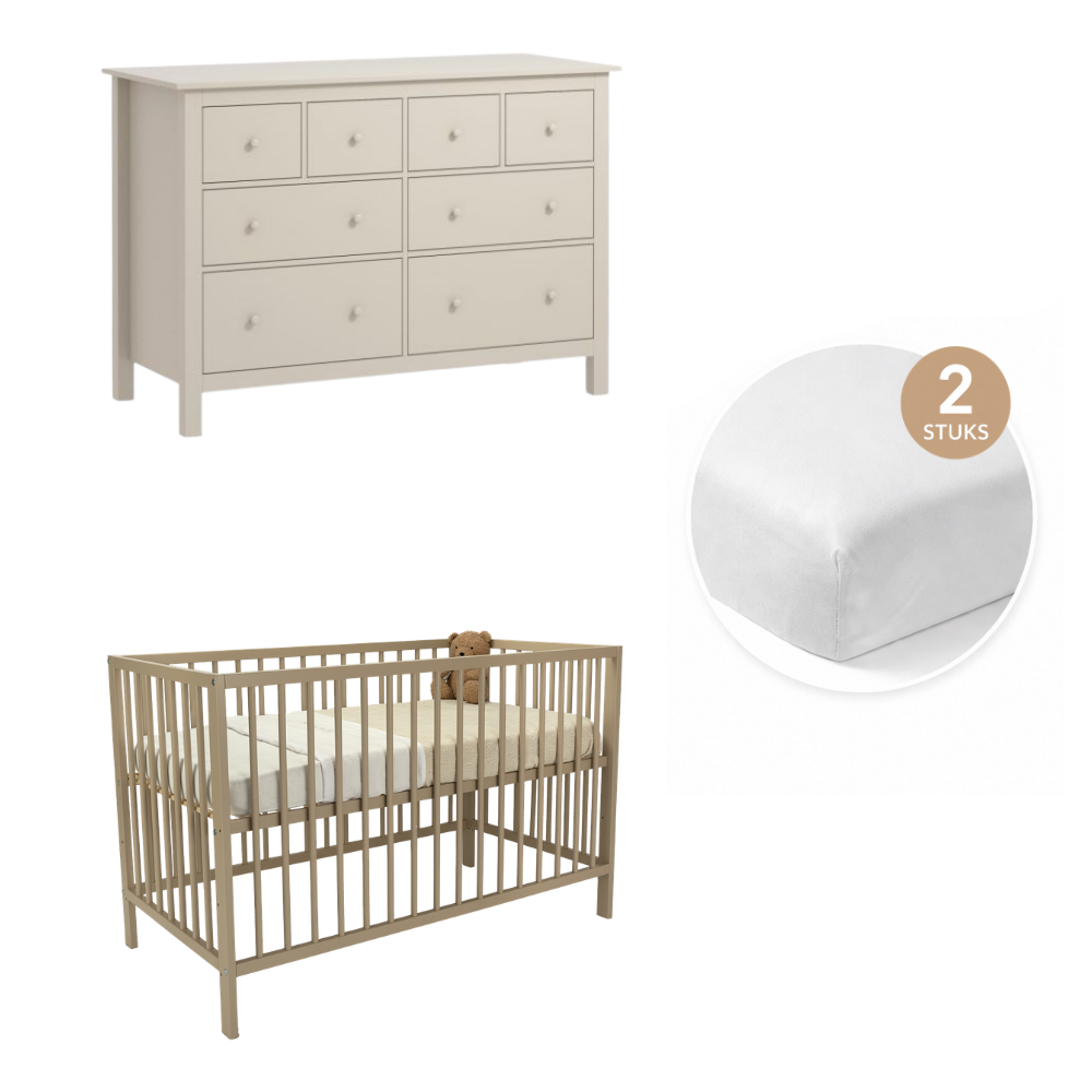 Babykamer Lotus + Bastia (Ledikant Lotus Pure Sand 60x120 + Commode Bastia Clay + Hoeslaken 2st)