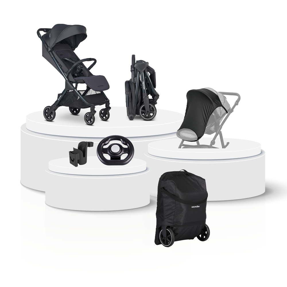 Buggy Easywalker Jackey NXT Eclipse Black Total Package Deal incl. Transporttas, Cupholder, Stuurtje & Zonnescherm