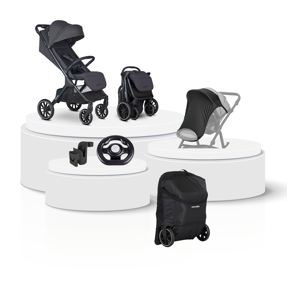 Buggy Easywalker Jackey XL NXT Eclipse Black Total Package Deal incl. Transporttas, Cupholder, Stuurtje & Zonnescherm