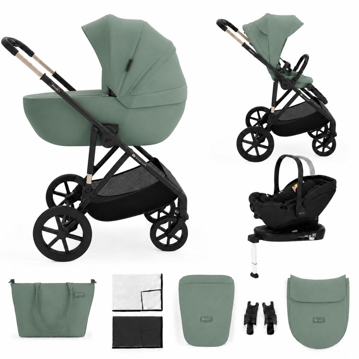 Kinderwagen Kinderkraft Prime3 2in1 Pro Dark Green met Autostoel Joy 360° Pro Glide en Base