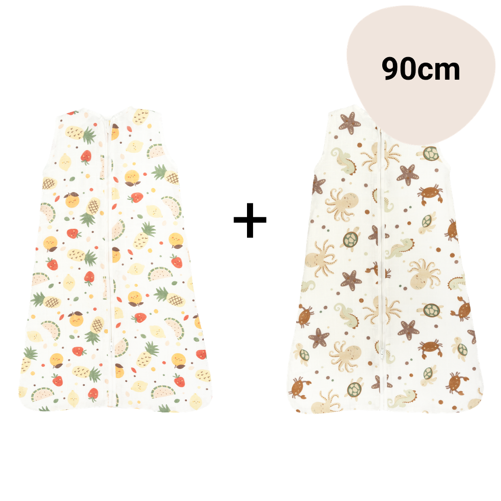Set | 2x Slaapzak Little Boo Hydrofiel - Fruit Multi + Ocean Brown 90cm
