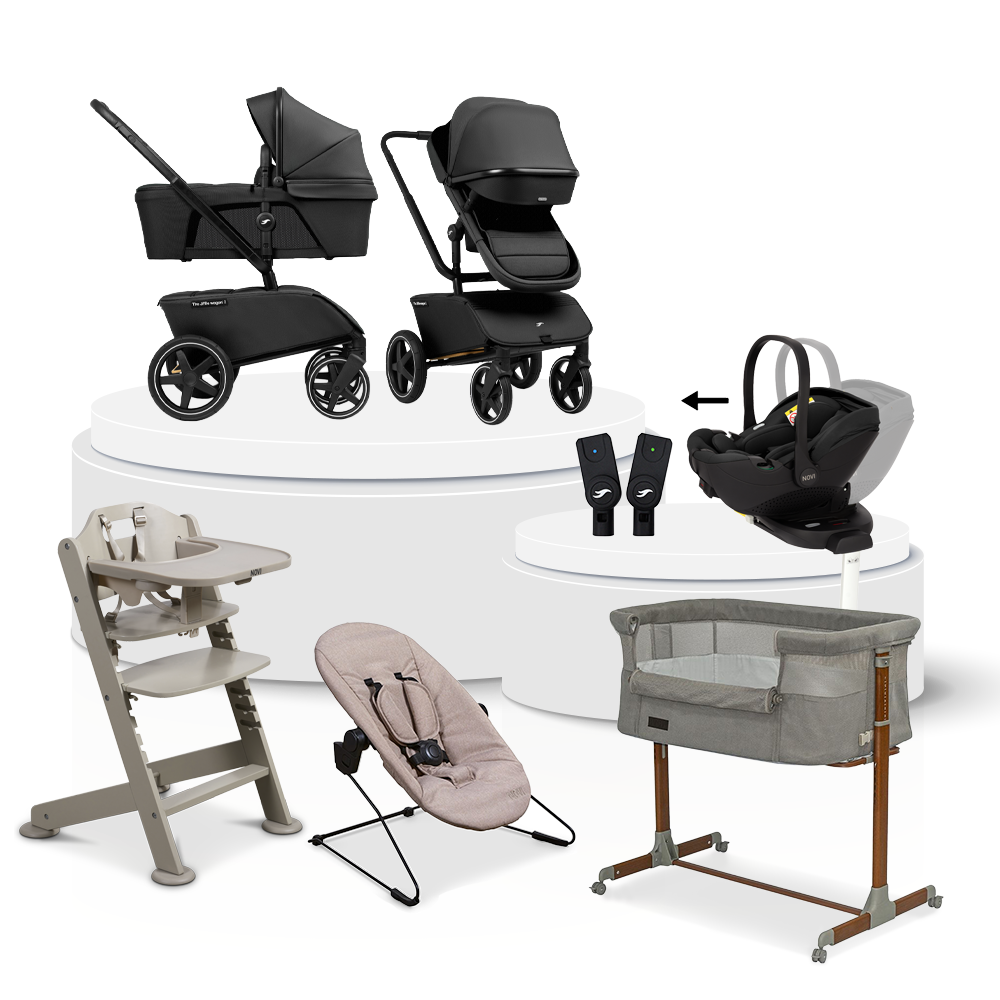 Kinderwagen The Jiffle V2 Black Total Package Deal incl. Autostoel, Base, Kinderstoel & Co-sleeper