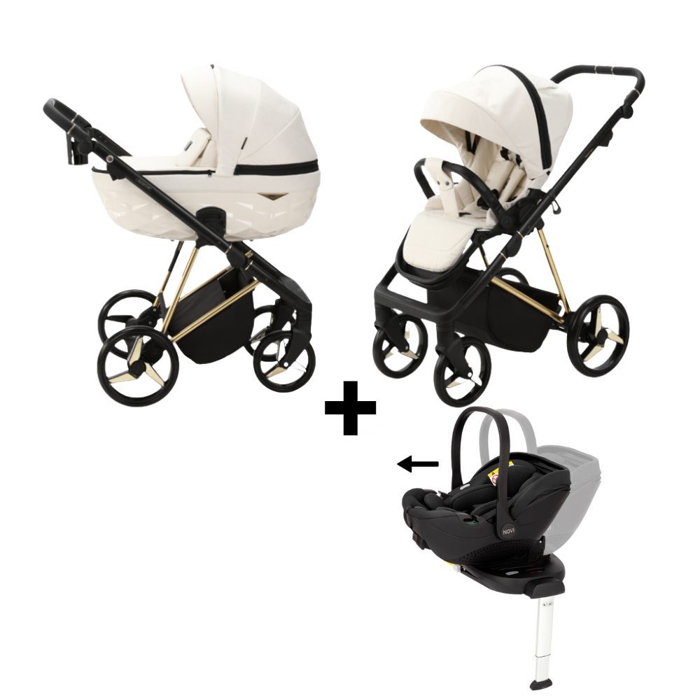 Kinderwagen Adamex Quantum Beige Star + Autostoel Joy Pro Glide 360° + Base + Adapterset