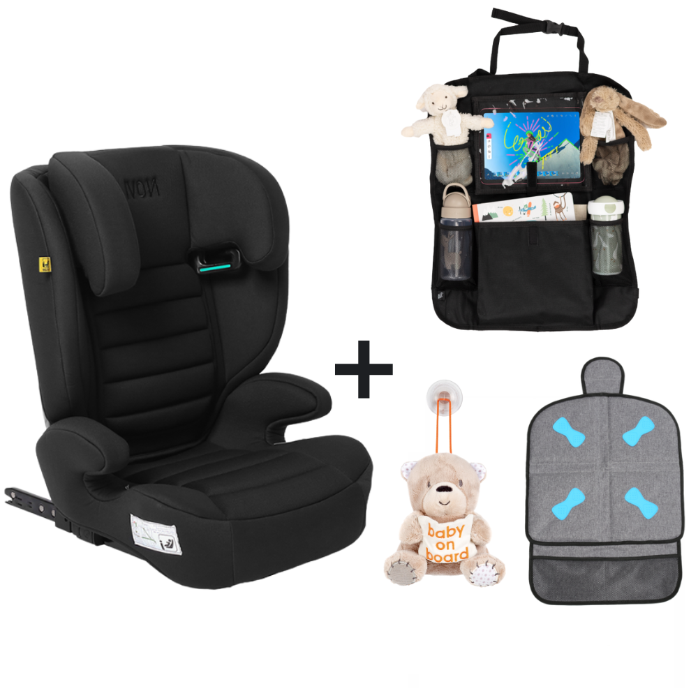 Set | Novi James Premium i-Size Isofix All Black met Organizer, Stoelbeschermer en Baby on Board Knuffel