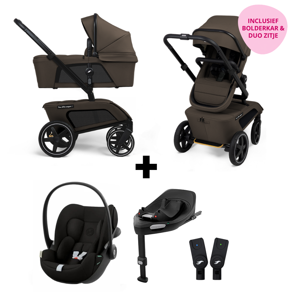 Kinderwagen The Jiffle Wagon 2+ Plus Oak + Autostoel Cloud G3, Base, Adapterset & Bolderkar- en Duozitje